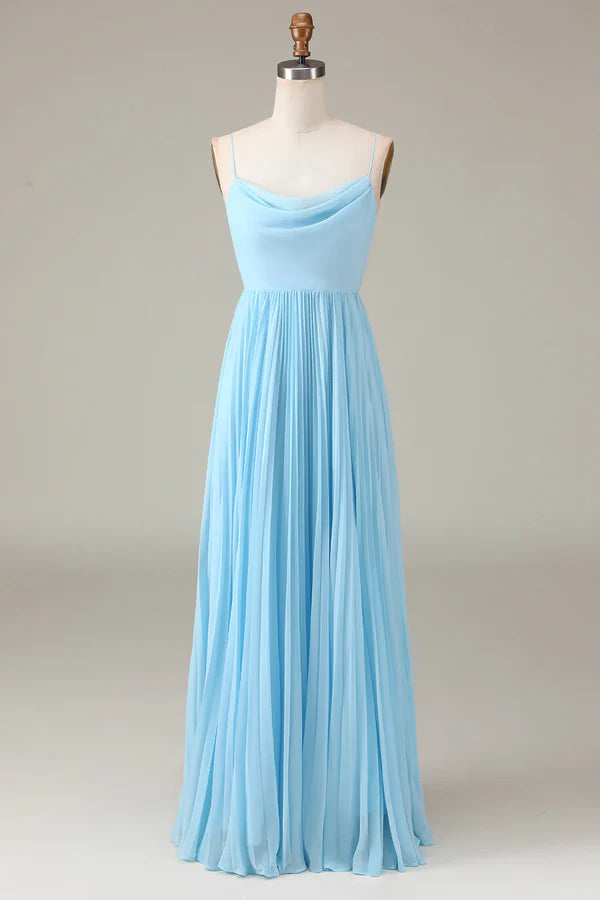 Luolandi Sky blue thin shoulder strap high neckline pleated backless A-line chiffon bridesmaid dress Floor Length