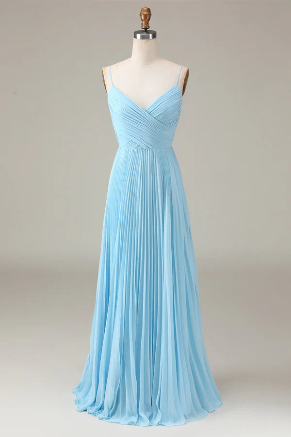 Luolandi Sky blue thin shoulder strap V-neck A-line pleated chiffon bridesmaid dress Floor Length