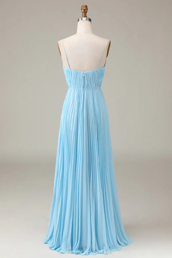 Luolandi Sky blue thin shoulder strap V-neck A-line pleated chiffon bridesmaid dress Floor Length