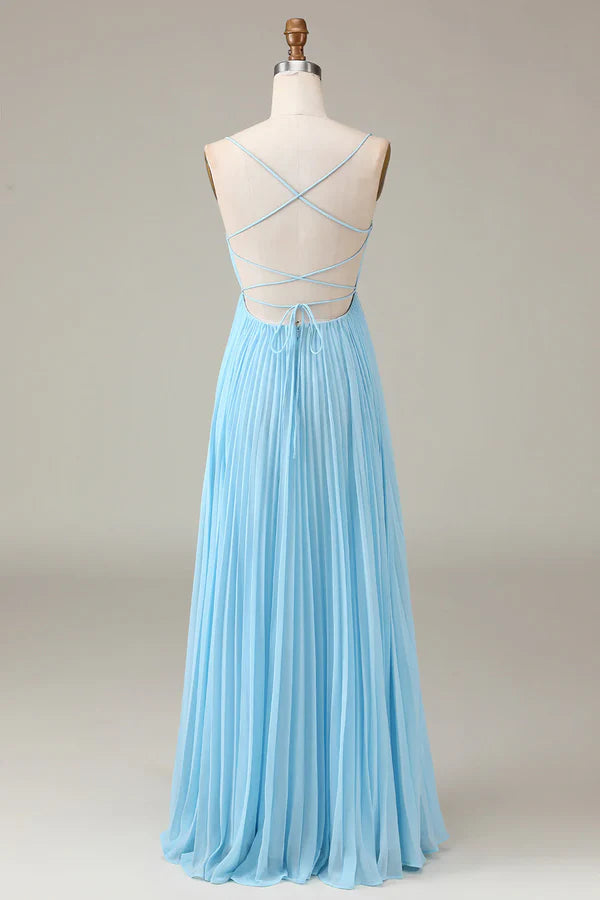 Luolandi Sky blue thin shoulder strap high neckline pleated backless A-line chiffon bridesmaid dress Floor Length