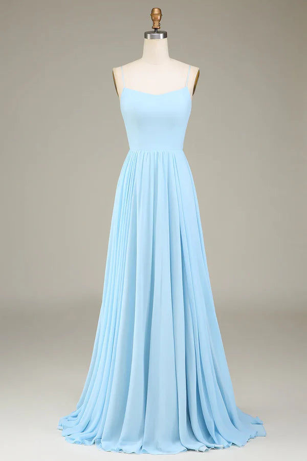 Luolandi A-line thin shoulder strap sky blue chiffon long bridesmaid dress Solid Color