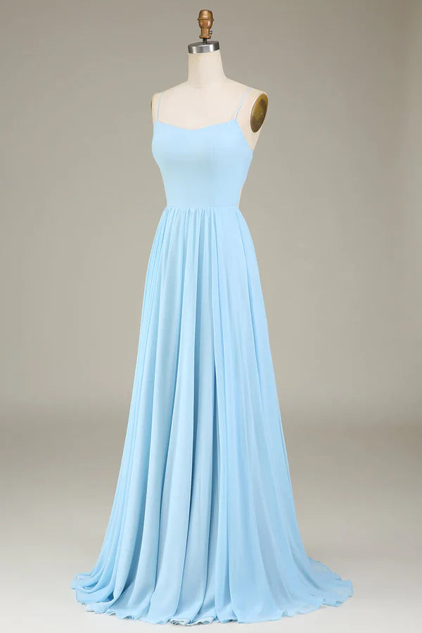 Luolandi A-line thin shoulder strap sky blue chiffon long bridesmaid dress Solid Color
