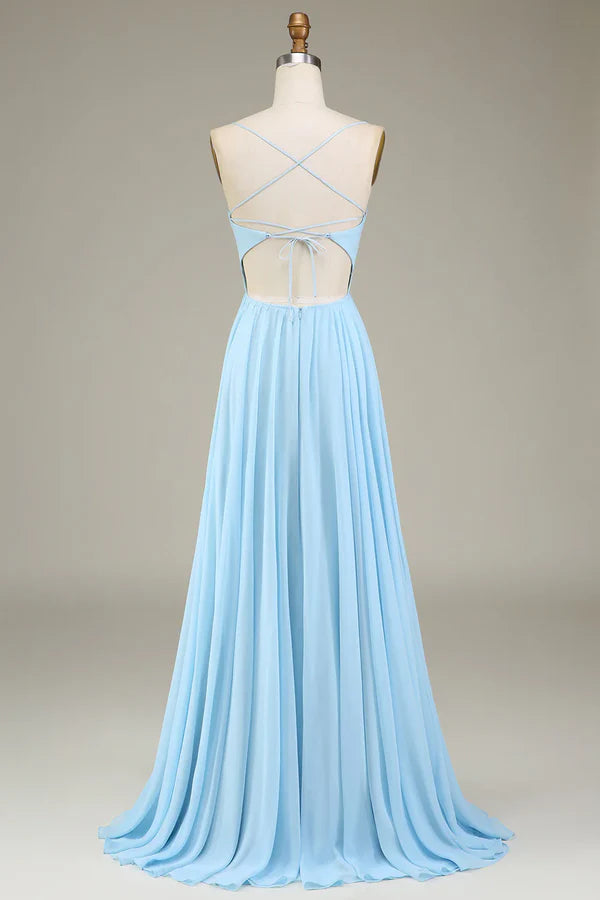 Luolandi A-line thin shoulder strap sky blue chiffon long bridesmaid dress Solid Color