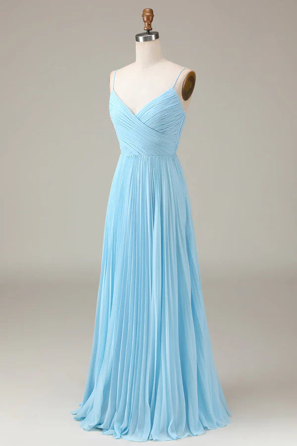 Luolandi Sky blue thin shoulder strap V-neck A-line pleated chiffon bridesmaid dress Floor Length