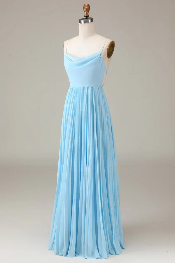 Luolandi Sky blue thin shoulder strap high neckline pleated backless A-line chiffon bridesmaid dress Floor Length