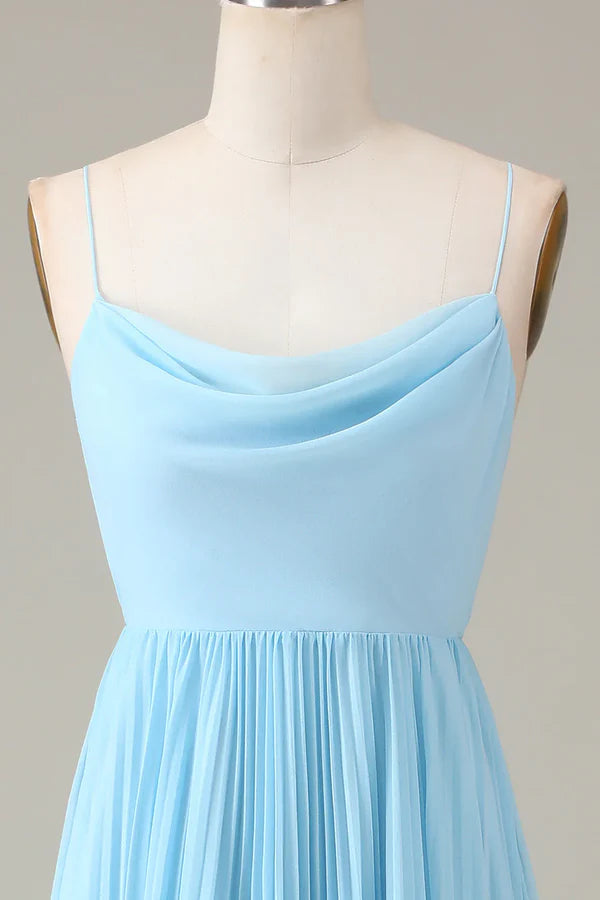 Luolandi Sky blue thin shoulder strap high neckline pleated backless A-line chiffon bridesmaid dress Floor Length