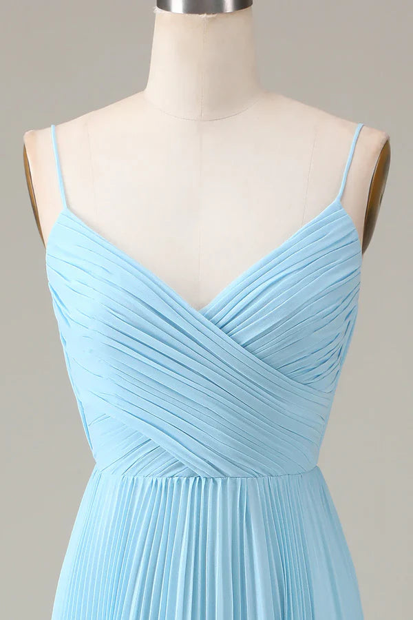 Luolandi Sky blue thin shoulder strap V-neck A-line pleated chiffon bridesmaid dress Floor Length