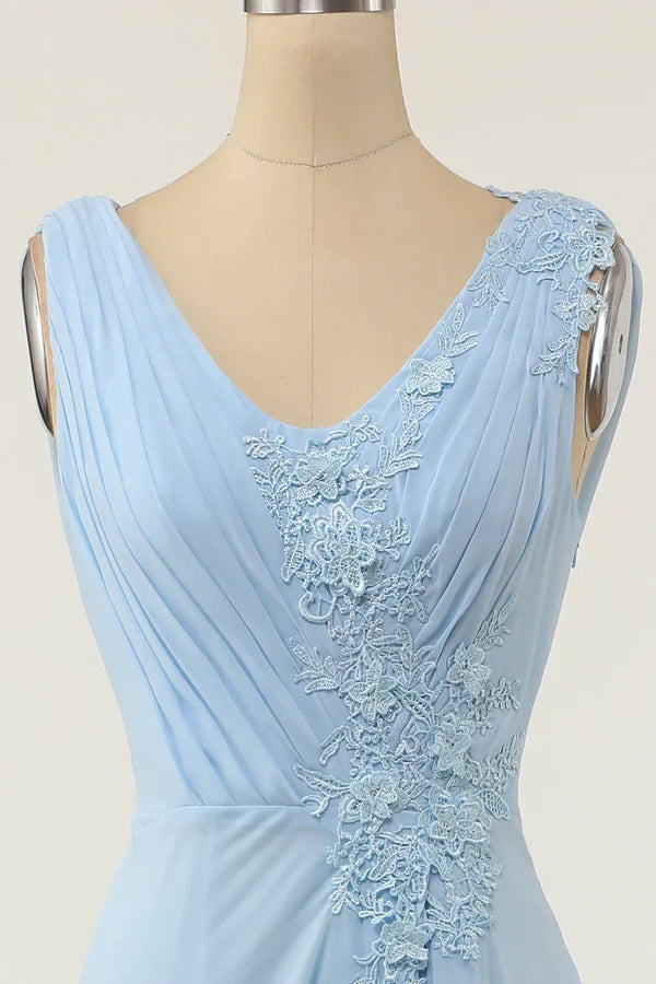 Luolandi V-neck ruffled bridesmaid dress Solid Color Floor Length Sky Blue