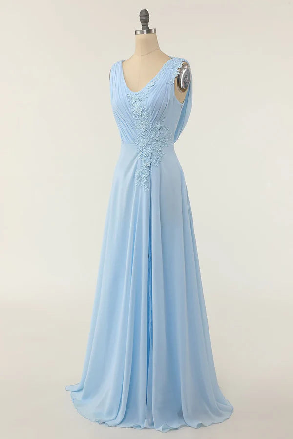 Luolandi V-neck ruffled bridesmaid dress Solid Color Floor Length Sky Blue