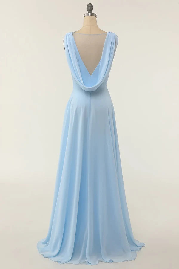 Luolandi V-neck ruffled bridesmaid dress Solid Color Floor Length Sky Blue