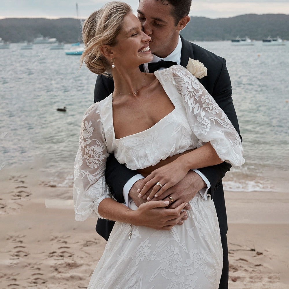 Luolandi Lace Two Pieces Square Neck 3/4 Puffy Sleeve Beach Bohemian Wedding Dresses Sexy Bridal Gown