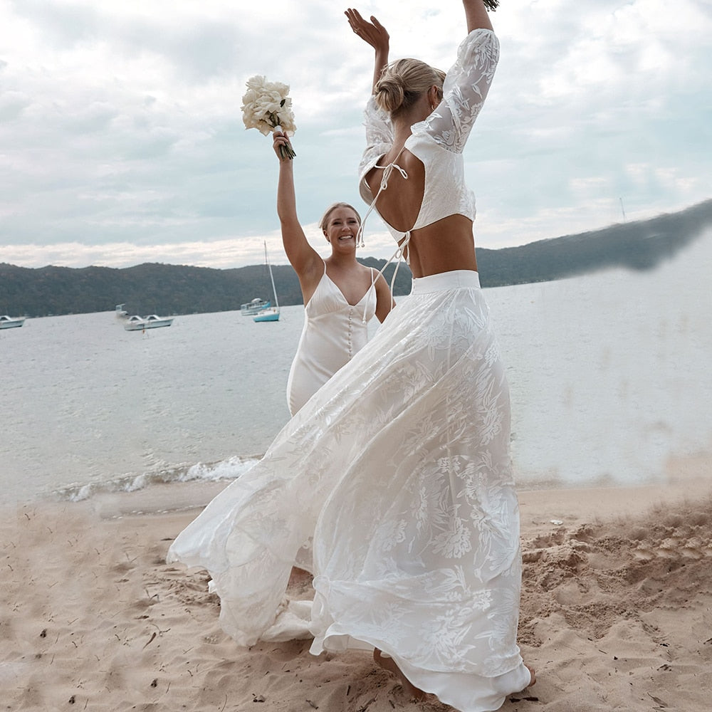 Luolandi Lace Two Pieces Square Neck 3/4 Puffy Sleeve Beach Bohemian Wedding Dresses Sexy Bridal Gown