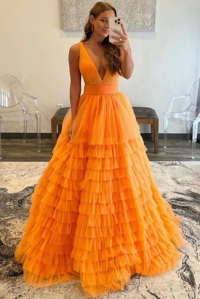 Luolandi Spaghetti Straps A Line Prom Dresses Tulle With Ruffles Floor Length V-neck Sexy