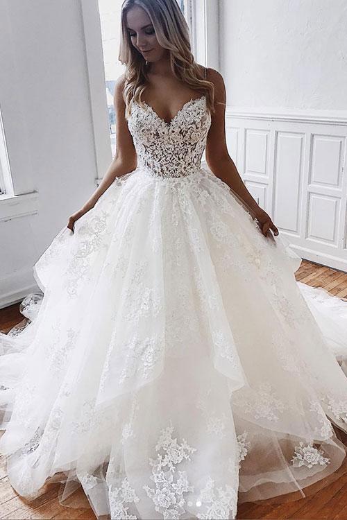 Luolandi A Line Off Sweetheart Spaghetti Straps Tulle Lace Appliques Long Wedding Dress Beautiful