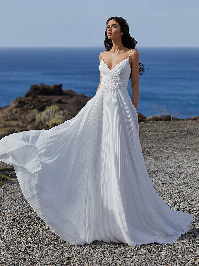 Luolandi Boho Spaghetti Straps V Neck Beach Wedding Dresses with Beading Sexy