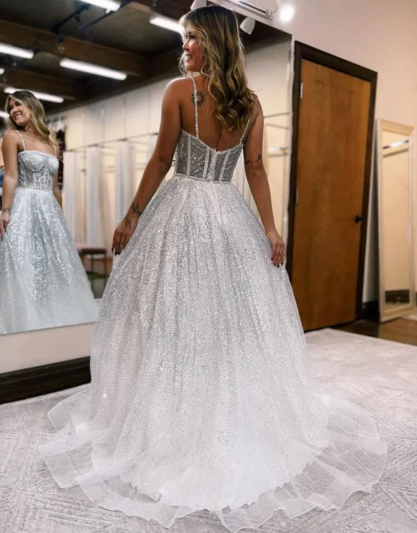 Luolandi Sparkly A-Line Spaghetti Straps Tulle Organza Wedding Dress Prom Dress