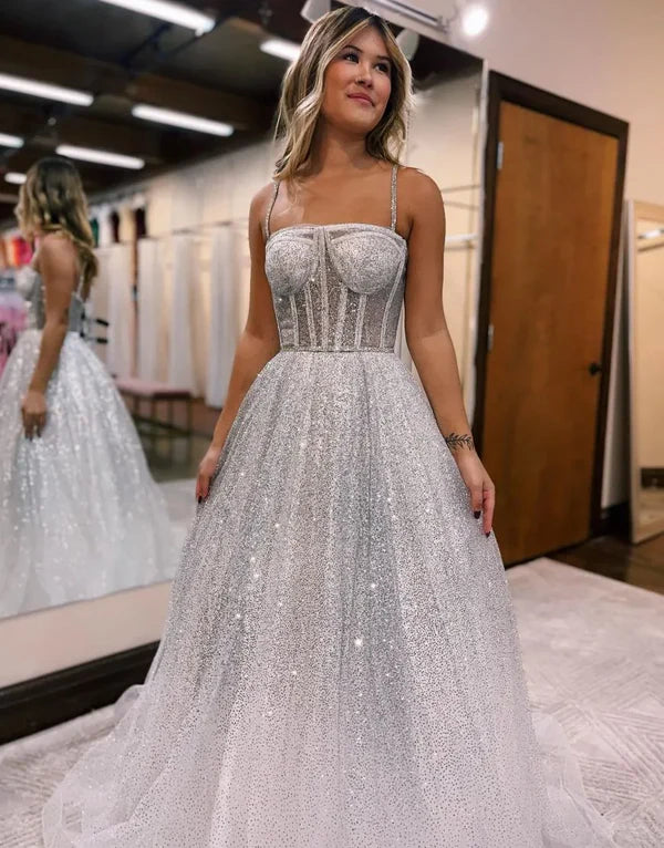 Luolandi Sparkly A-Line Spaghetti Straps Tulle Organza Wedding Dress Prom Dress