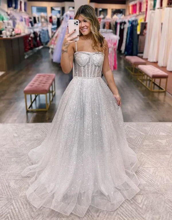 Luolandi Sparkly A-Line Spaghetti Straps Tulle Organza Wedding Dress Prom Dress