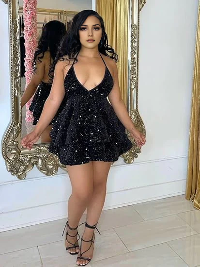 Luolandi Sparkly A Line Halter V-neck Sequins Homecoming Dress Short Prom Dress Sexy Birthday Party Dress