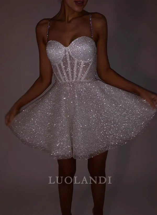 Luolandi Sparkly A Line Sweetheart Sleeveless Short Prom Dress Lovely Birthday Party Dress Fashion Back To School Dress