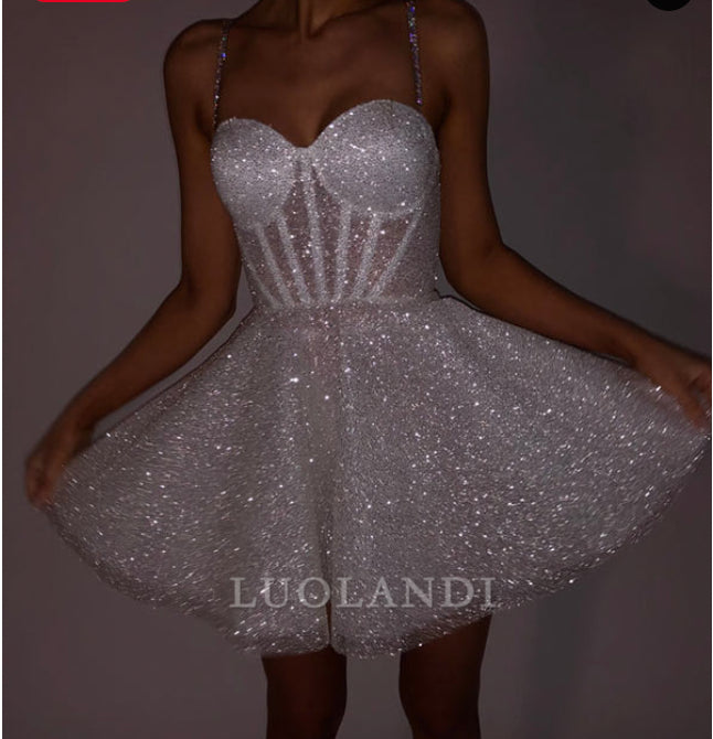 Luolandi Sparkly A Line Sweetheart Sleeveless Short Prom Dress Lovely Birthday Party Dress Fashion Back To School Dress