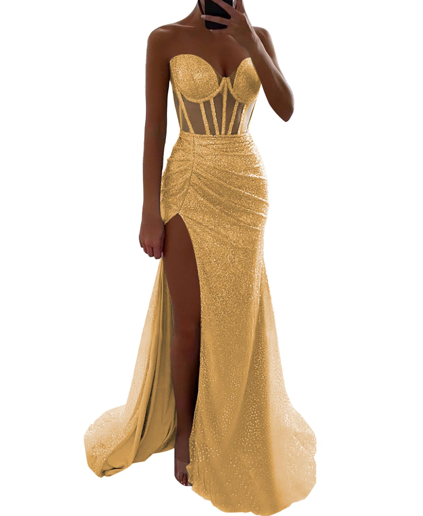 Luolandi Sparkly Mermaid Strapless Long Prom Dress With Slit Charming Evening Party Dress Sexy Women's Dresses
