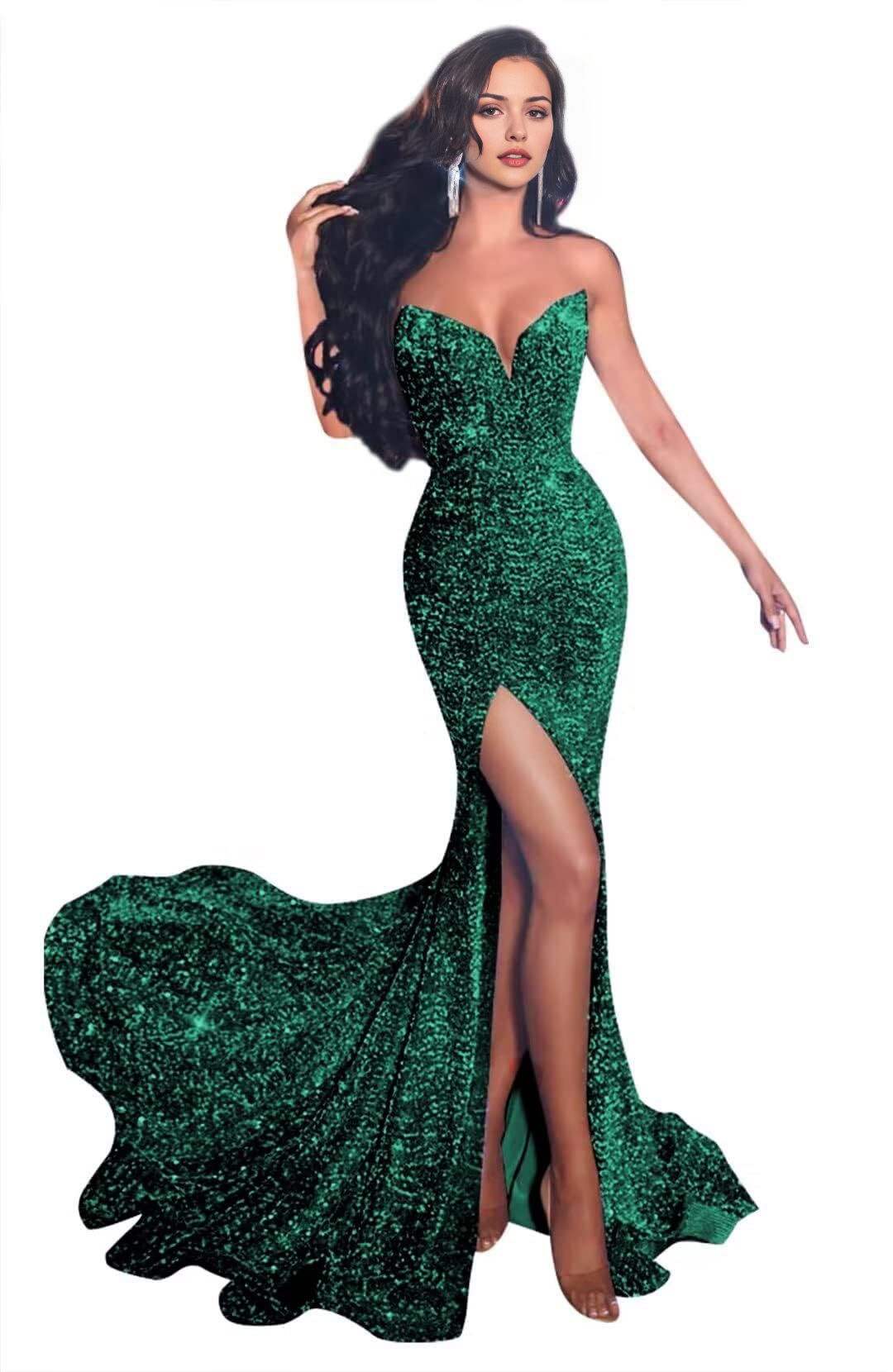 Luolandi Sparkly Mermaid Strapless Sequin Long Prom Dress with Slit Charming Evening Party Dress Sexy Women's Dresses