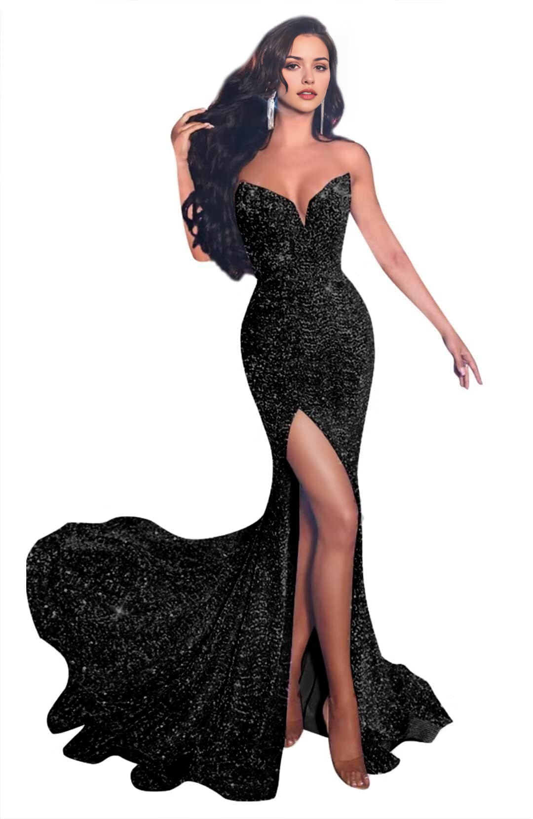 Luolandi Sparkly Mermaid Strapless Sequin Long Prom Dress with Slit Charming Evening Party Dress Sexy Women's Dresses