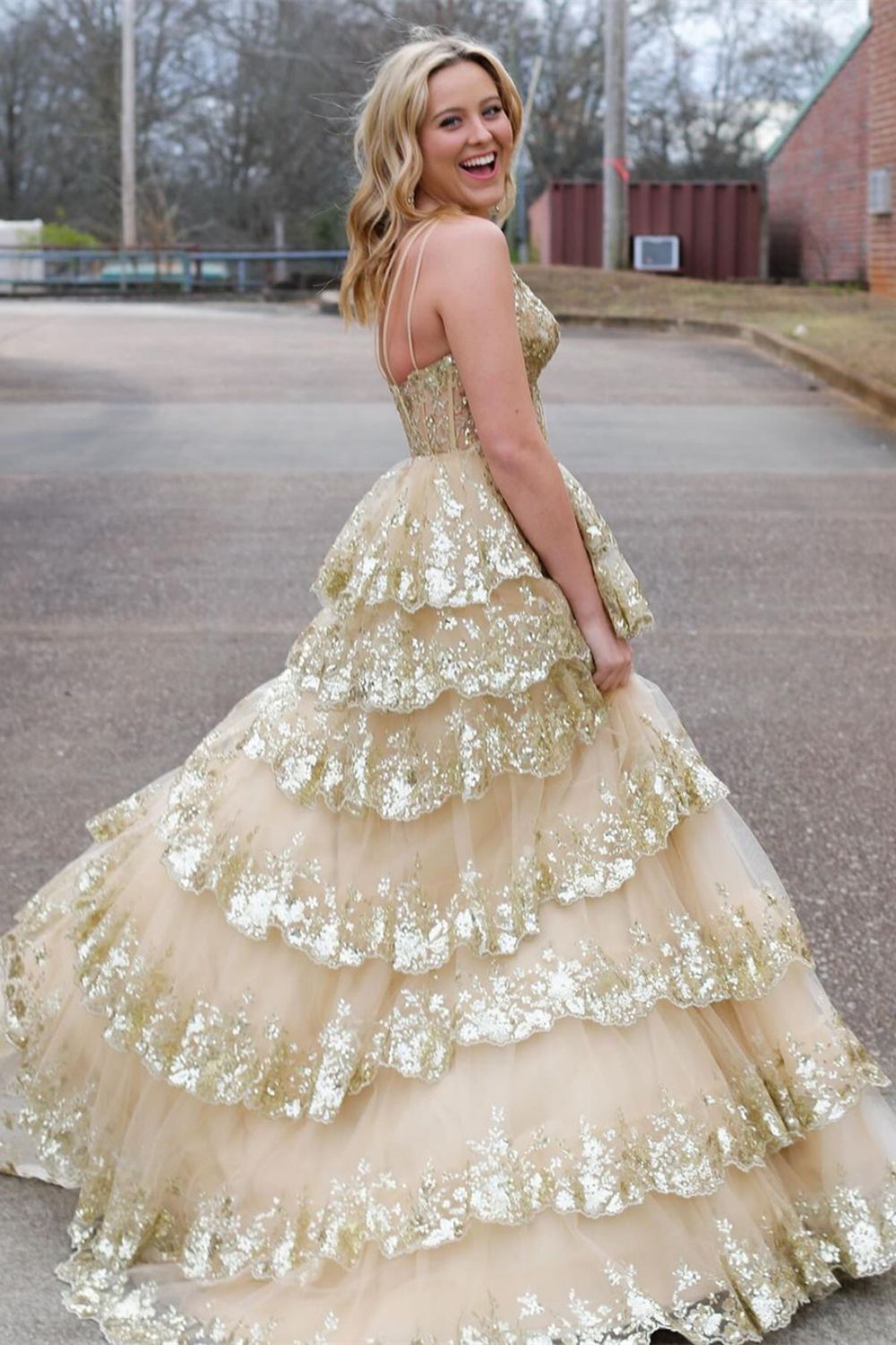 Luolandi Sparkly One Shoulder A-Line Sweep Train Tiered Prom Dress