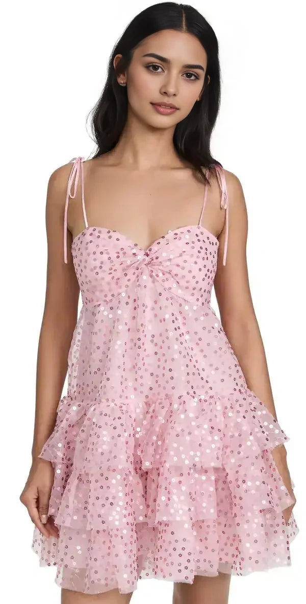 Luolandi Sparkly A-Line Sweetheart Sleeveless Tiered Ruffle Tulle Sequin Short Homecoming Dress