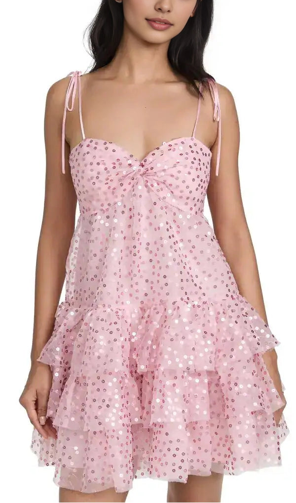 Luolandi Sparkly A-Line Sweetheart Sleeveless Tiered Ruffle Tulle Sequin Short Homecoming Dress