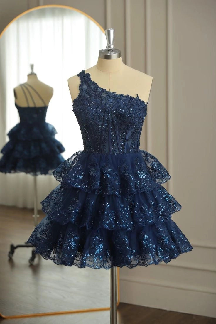 Luolandi Sparkly A Line One Shoulder Sleeveless Layered Short Homecoming Dress Pretty Birthday Party Dress with Appliques