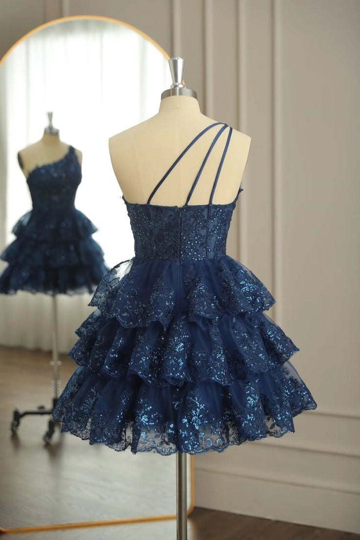 Luolandi Sparkly A Line One Shoulder Sleeveless Layered Short Homecoming Dress Pretty Birthday Party Dress with Appliques
