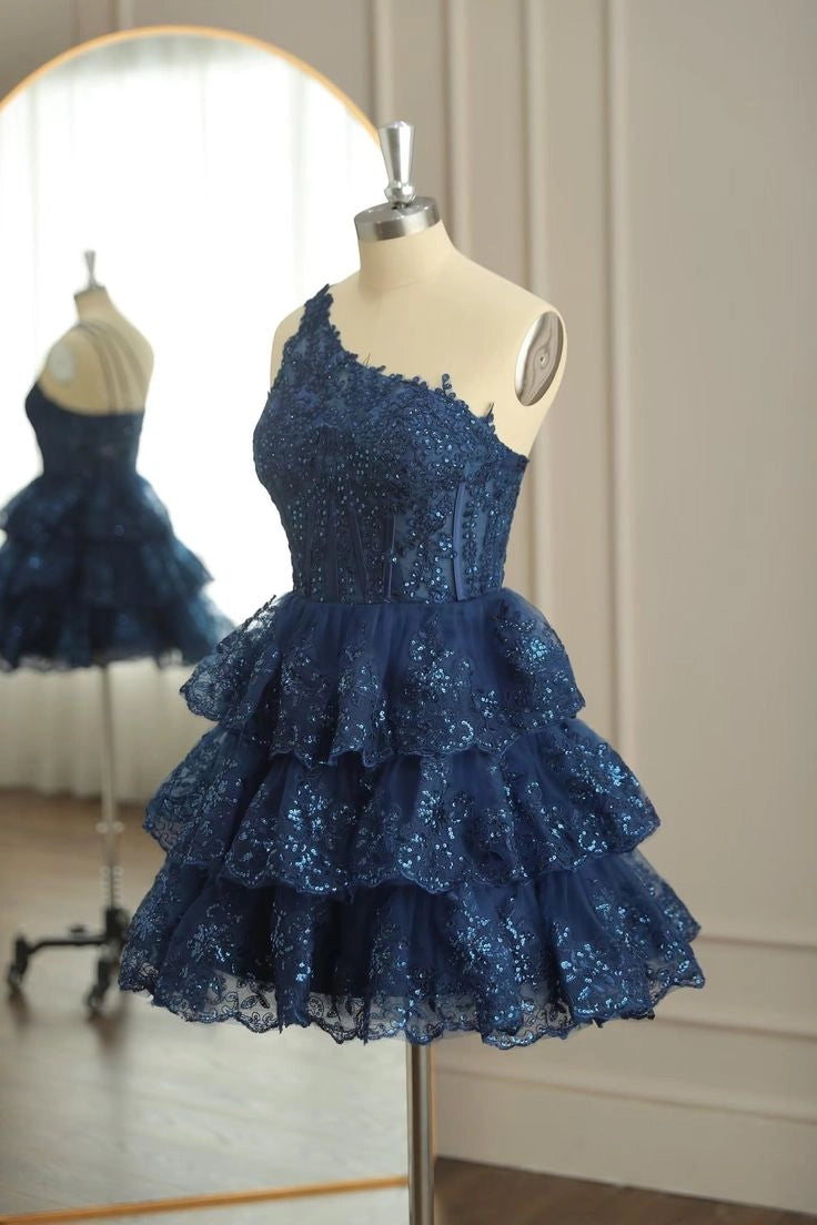 Luolandi Sparkly A Line One Shoulder Sleeveless Layered Short Homecoming Dress Pretty Birthday Party Dress with Appliques