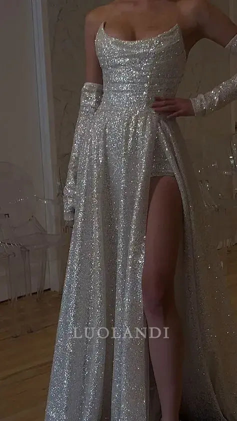Luolandi Sparkly A Line Strapless Sequin Long Formal Prom Dress With Slit Charming Evening Gowns Fashion Birthday Party Dress