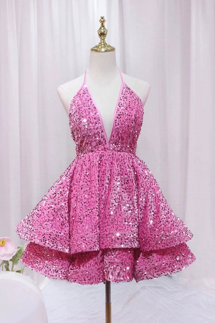 Luolandi Sparkly A Line V-Neck Sleeveless Backless Sequins Short Party Homecoming Dress Lovely Back To School Dress
