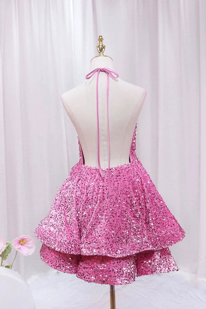 Luolandi Sparkly A Line V-Neck Sleeveless Backless Sequins Short Party Homecoming Dress Lovely Back To School Dress