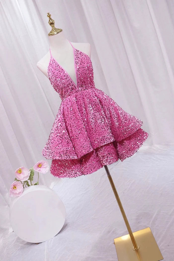 Luolandi Sparkly A Line V-Neck Sleeveless Backless Sequins Short Party Homecoming Dress Lovely Back To School Dress