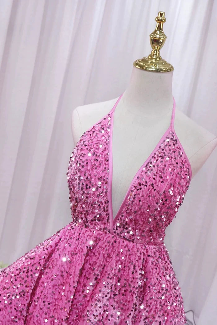 Luolandi Sparkly A Line V-Neck Sleeveless Backless Sequins Short Party Homecoming Dress Lovely Back To School Dress