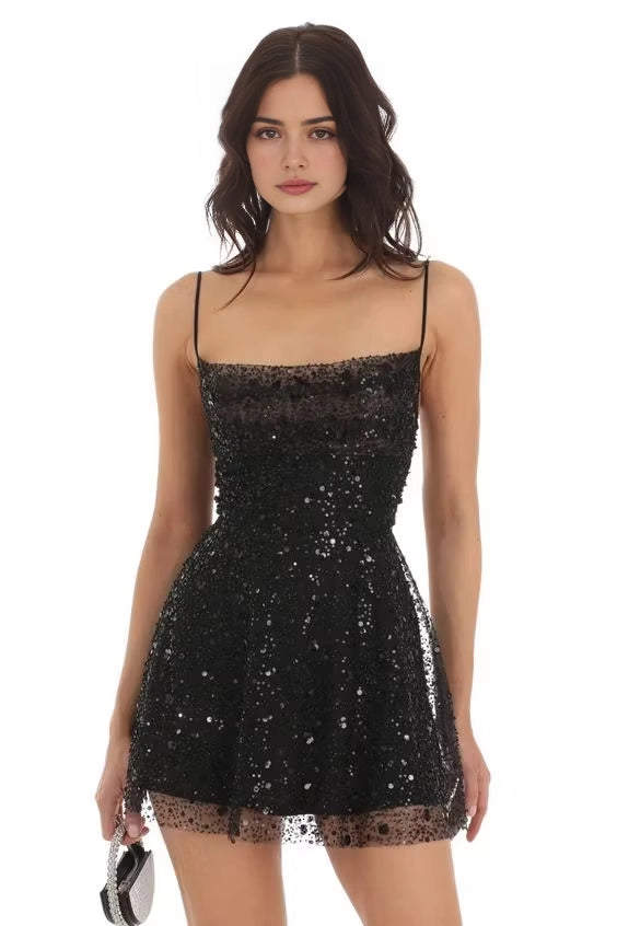 Luolandi Sparkly Black Spaghetti Straps Sequin A Line Sleeveless Short / Mini Homecoming Dress Gorgeous Graduation Party Dress