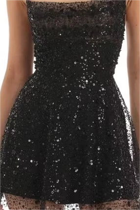 Luolandi Sparkly Black Spaghetti Straps Sequin A Line Sleeveless Short / Mini Homecoming Dress Gorgeous Graduation Party Dress