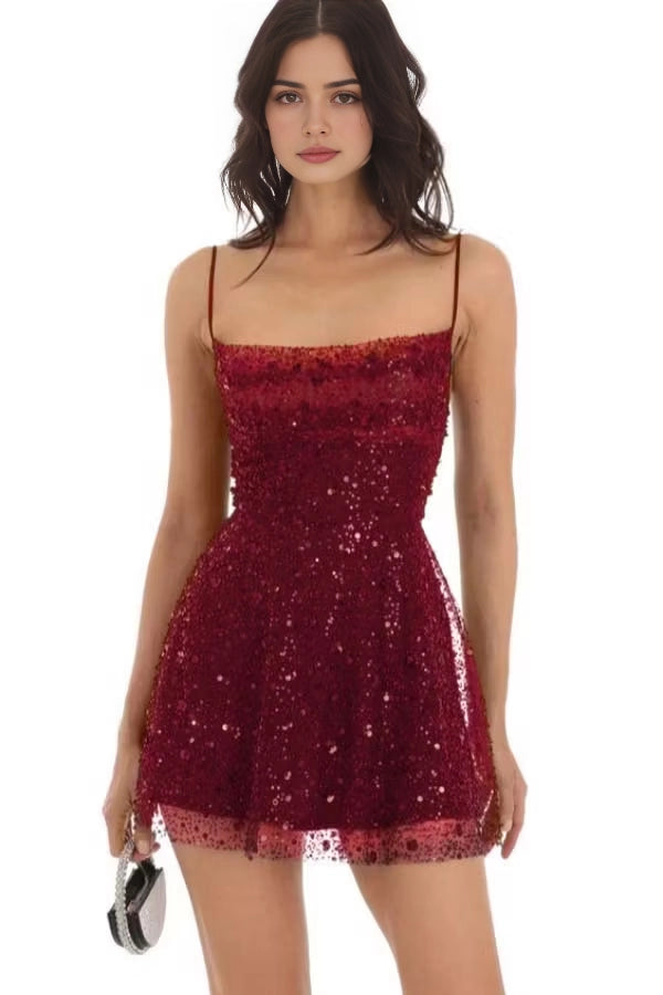 Luolandi Sparkly Black Spaghetti Straps Sequin A Line Sleeveless Short / Mini Homecoming Dress Gorgeous Graduation Party Dress