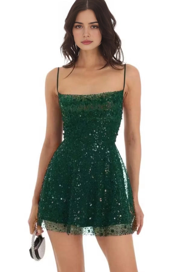 Luolandi Sparkly Black Spaghetti Straps Sequin A Line Sleeveless Short / Mini Homecoming Dress Gorgeous Graduation Party Dress