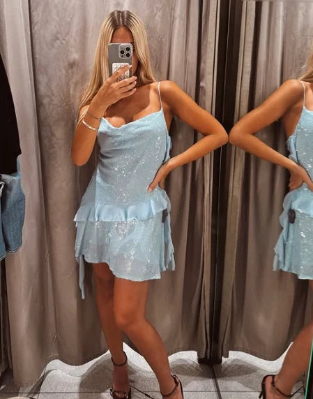 Luolandi Sparkly Light Blue Spaghetti Straps Sleeveless Ruffle Short Homecoming Dress Lovely Graduation Party Dress