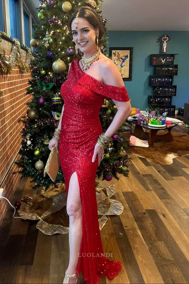 Luolandi Sparkly Mermaid Sequins Sleeveless Long Formal Prom Dress Charming Evening Party Dress With Slit