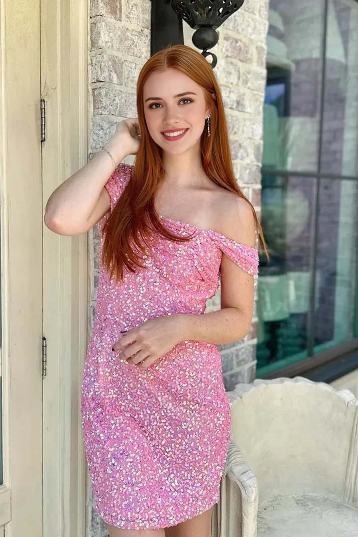 Luolandi Sparkly Off The Shoulder Sequin Homecoming Dress Cute Short Graduation Dress Lovely Birthday Party Dress