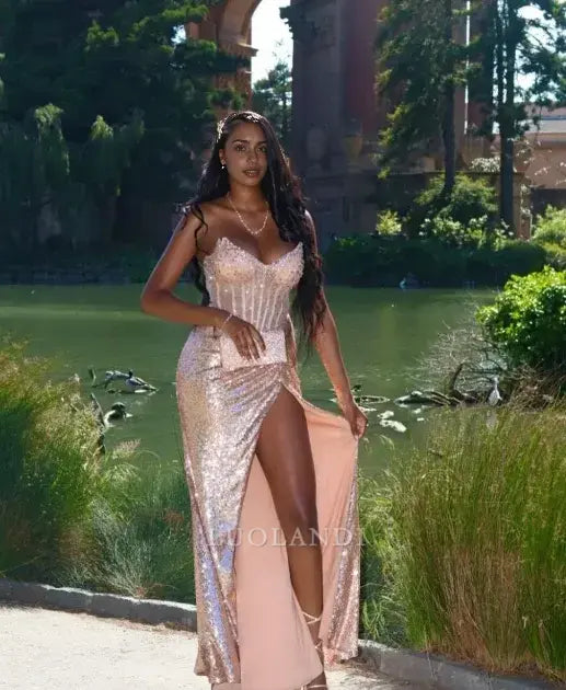 Luolandi Sparkly Sheath Strapless Sleeveless Long Formal Prom Dress With Slit Sexy Evening Gown Charming Birthday Party Dress
