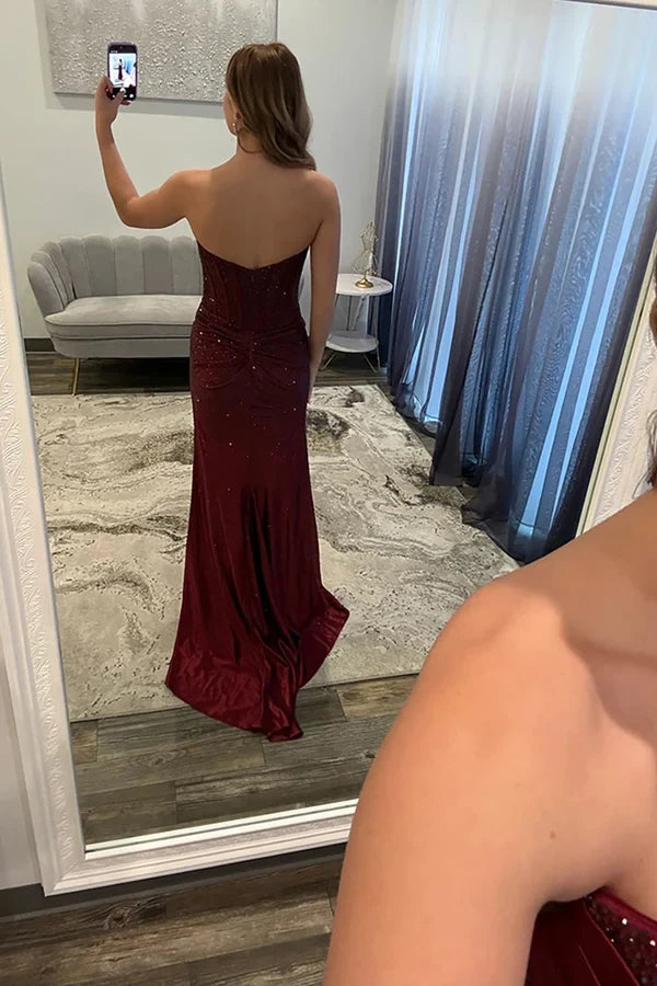 Sparkly Sheath Strapless Sweetheart Sleeveless Beaded Long Prom Dress for Women