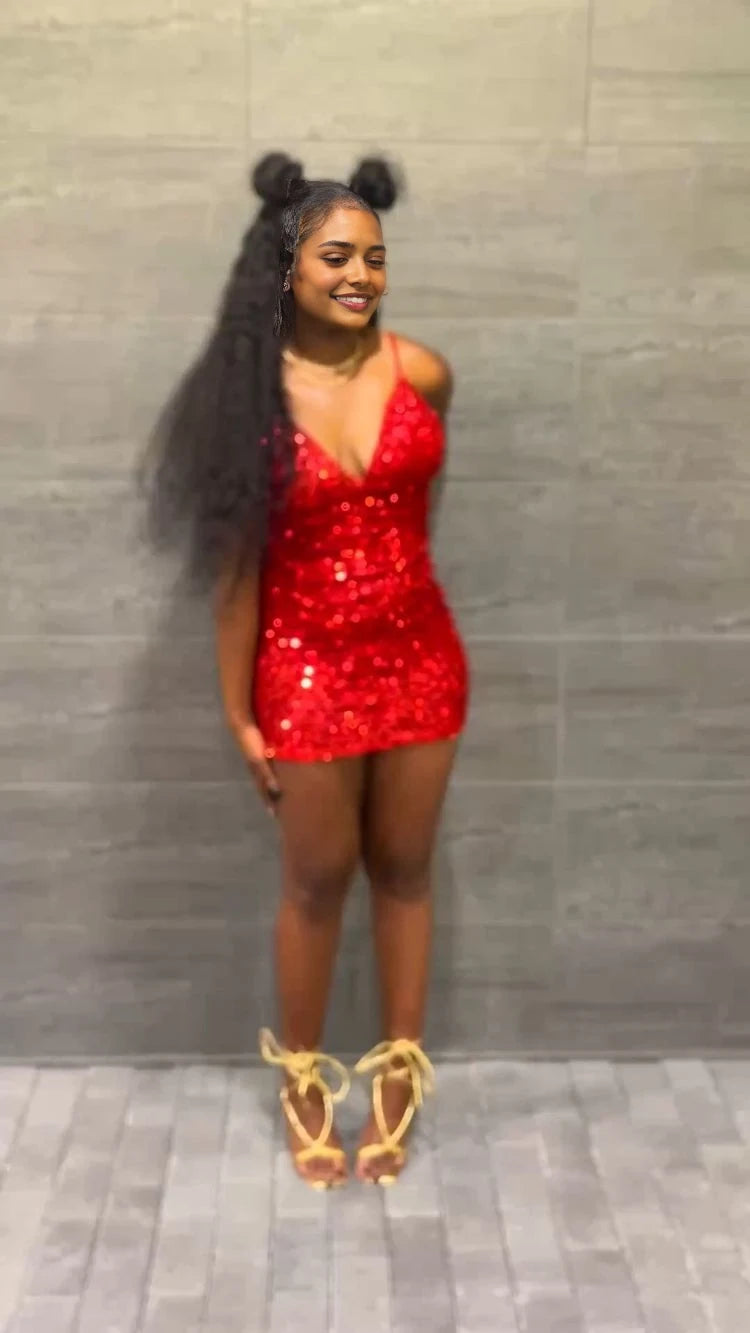 Luolandi Sparkly Sheath V-Neck Sleeveless Glitter Sequin Mini Bodycon Party Homecoming Dress for Women