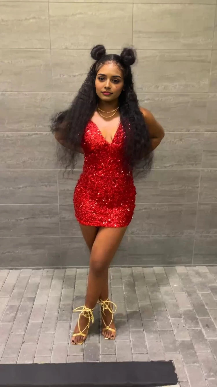 Luolandi Sparkly Sheath V-Neck Sleeveless Glitter Sequin Mini Bodycon Party Homecoming Dress for Women